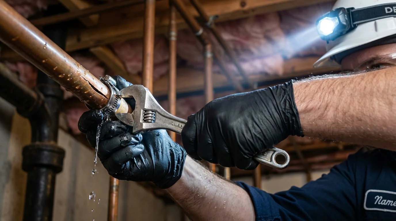 Emergency pipe clamp repair being performed by a Johns Plumbing LLC plumber in Rotonda West