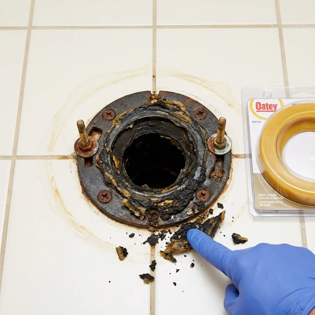 Failed wax ring showing water seepage at the base of a toilet in a Rotonda West, FL home