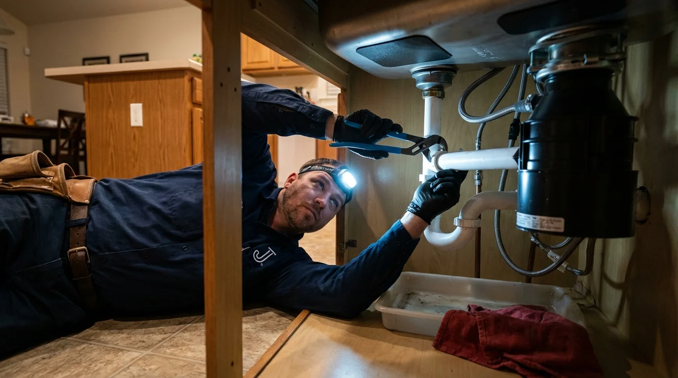 P-trap and supply line connections under a kitchen sink showing a common leak point in Rotonda West, FL